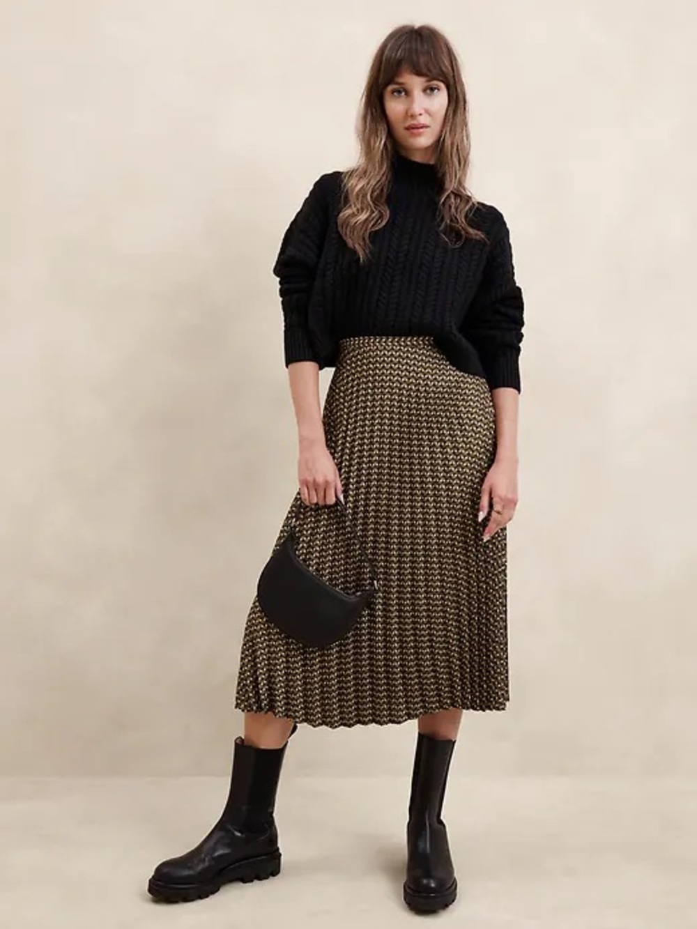 Banana Republic Factory Pleated Woven Chevron Midi Skirt in Olive/Black Size 14